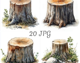 20 Tree stump watercolor clipart JPG, Digital Download, Junk Journals, Paper Craft, Watercolor, Card Making, Clip Art, Scrapbooking
