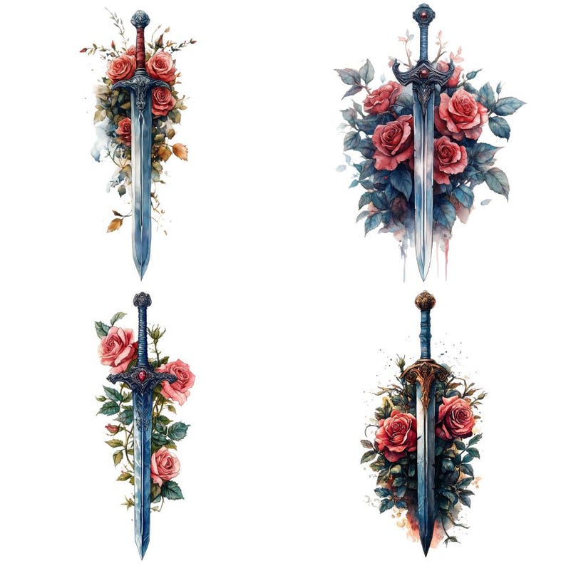 Sword With Roses Printable 16 Sword and Roses Watercolor Clipart PNG, Digital Download, Junk ...