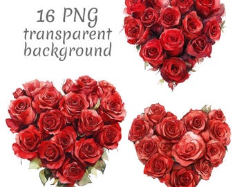16 Romantic Red Roses Heart Watercolor Clipart PNG. Digital Download junk journals, transparent background, scrapbooking, Card Making