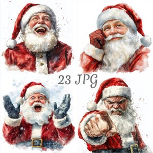 May include: Four watercolour illustrations of Santa Claus with different expressions. Santa is wearing a red suit and hat with white trim and a long white beard. The text "23 JPG" is in the centre.