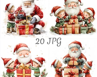 20 Santa and elves wrapping gifts watercolor clipart JPG, Digital Download, Junk Journals, Paper Craft, Card Making, Clip Art, Scrapbooking
