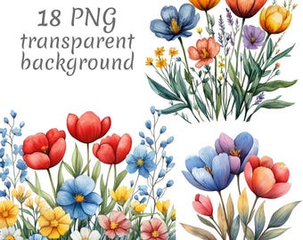 18 Spring flowers watercolor clipart PNG. Digital Download, junk journals transparent background high quality scrapbooking Card Making