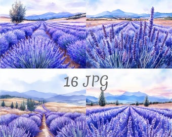 16 Lavender field watercolor clipart JPG, Digital Download, Junk Journals, Paper Craft, Card Making, Clip Art, Scrapbooking