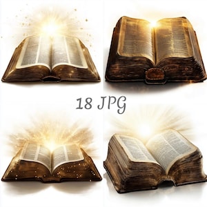 18 open Bijbel met lichtstralen clipart JPG, Digitale download, Junk Journals, Paper Craft, Kaarten maken, Illustraties, Scrapbooking