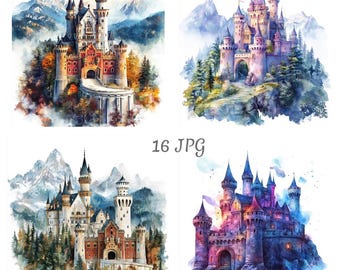 16 Magic Castle clipart JPG, Fantasy Watercolor clipart, Digital Download, Junk journals, Digital Paper Craft, Card Making, Clip Art