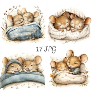 17 Cute mice sleeping in bed clipart JPG, Digital Download, Junk Journals, Paper Craft, Watercolor, Card Making, Clip Art