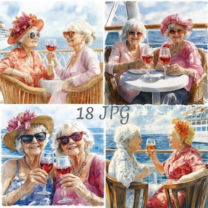 18 Funny elderly ladies wine cruise Watercolor Clipart JPG, Digital Download, Junk Journals, Paper Craft Watercolor Card Making Scrapbooking