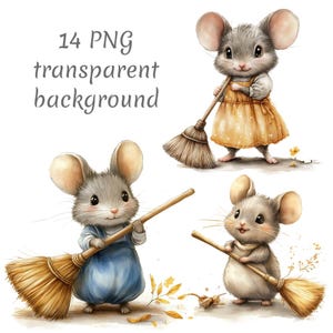 14 Ratinho fofo varrendo clipart PNG, Download digital, Diários de lixo, Artesanato em papel, Aquarela, Criação de cartões, Clip Art, scrapbooking