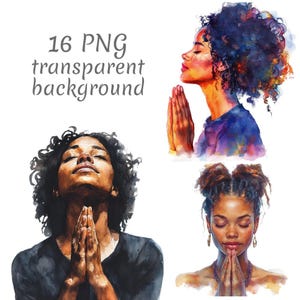 Könnte beinhalten: Aquarellillustrationen von Frauen mit geschlossenen Augen und gefalteten Händen im Gebet. Die Bilder zeigen lebendige Farben und einen transparenten Hintergrund. Text: "16 PNG transparent background."