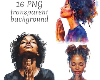 16 Praying Black woman Watercolor Clipart PNG, Digital Download, Junk Journals, Transparent Background, High Quality, Paper Craft