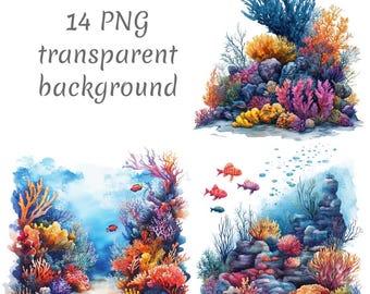 14 Coral reef watercolor Clipart PNG. Sea clipart, Digital Download, junk journals, transparent background, high quality, watercolor clipart