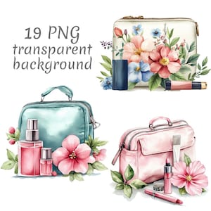 Puede incluir: Ilustraciones de acuarela de neceseres y productos de belleza. La imagen presenta un neceser blanco con diseños florales, un bolso turquesa con frascos de perfume y un bolso rosa con artículos de maquillaje. También está presente el texto "19 PNG transparent background".