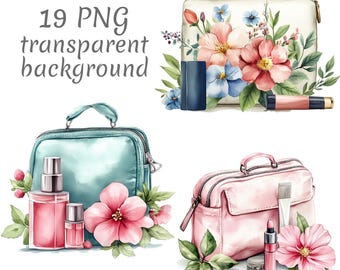 19 Makeup Tasche und Blumen Aquarell Clipart PNG, Digital Download, Junk Journals, transparenter Hintergrund hochwertiges Papier Handwerk