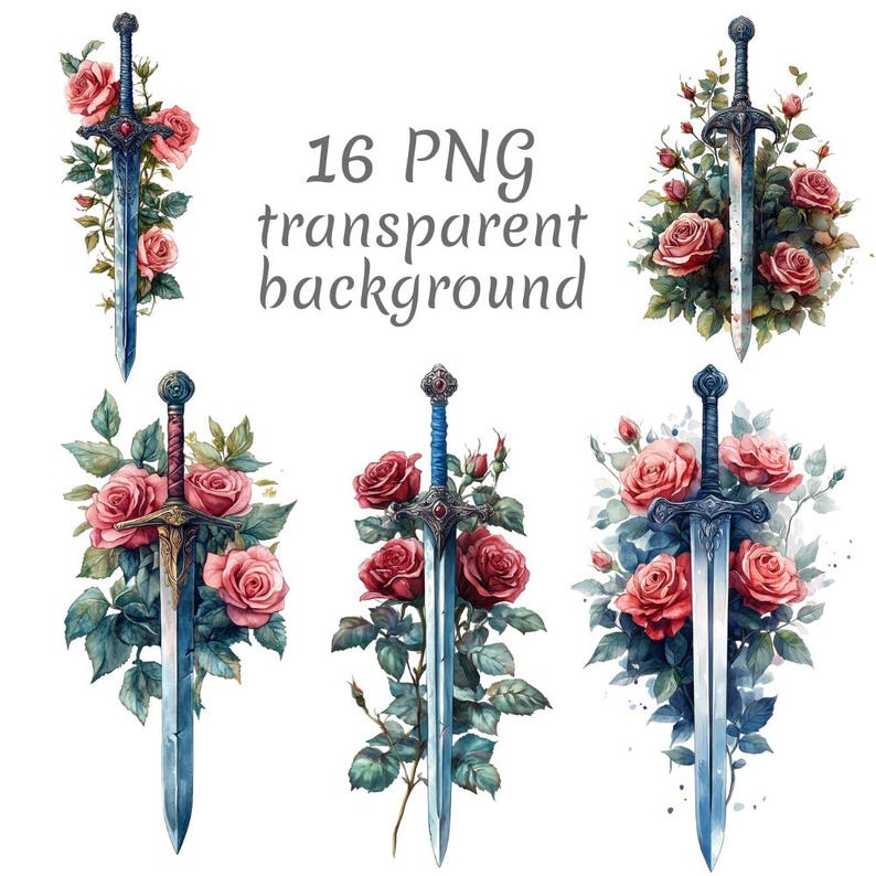 Sword With Roses Printable 16 Sword and Roses Watercolor Clipart PNG, Digital Download, Junk ...