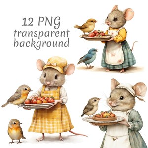 12 Topolino che dà da mangiare agli uccelli clipart PNG, Download digitale, Diari spazzatura, Carta artigianale, Acquerello, Creazione di biglietti, Clip art