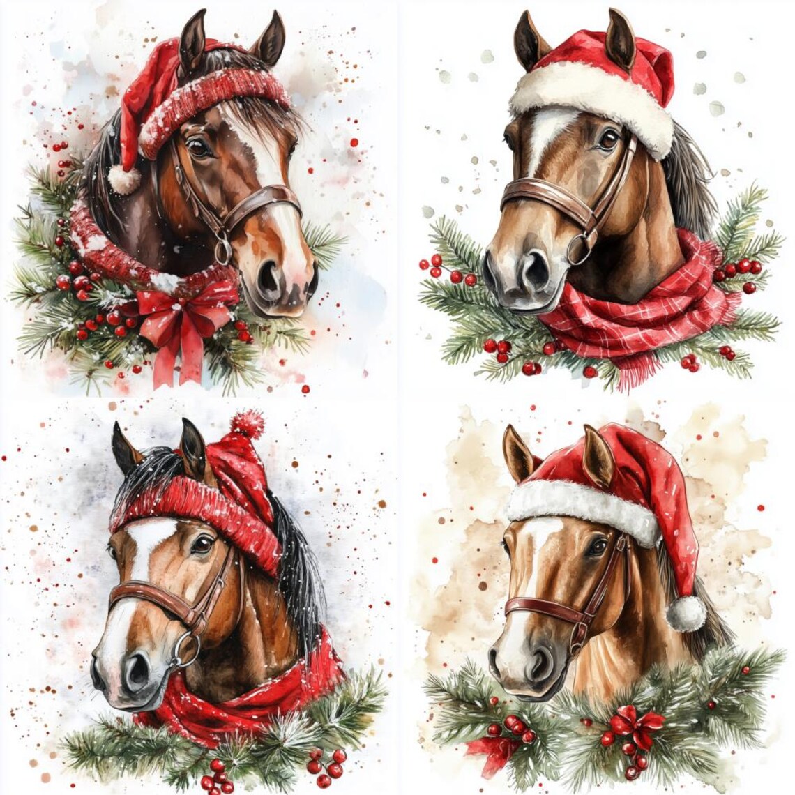 19 Christmas Horse Watercolor Clipart JPG, Digital Download, Junk ...