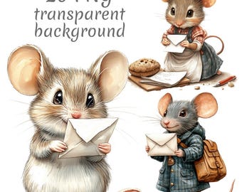 20 Mouse with letter  clipart PNG, Digital Download, Junk Journals, Paper Craft, Watercolor, Card Making, Clip Art, scrapbooking