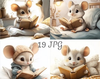 19 muis leest een boek in bed clipart JPG, Digitale download, Junk Journals, Paper Craft, Aquarel, Kaarten maken, Illustraties
