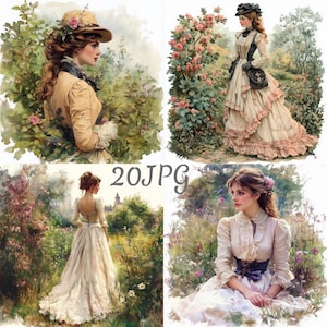 20 cliparts vintage femme romantique dans le jardin JPG, téléchargement numérique, journaux indésirables, créations en papier, aquarelle, fabrication de cartes, scrapbooking