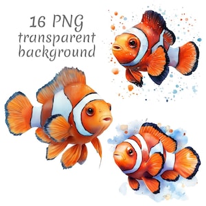 16 Clownfish Nemo fish watercolor clipart PNG. Digital Download, junk journals, transparent background high quality scrapbooking Card Making