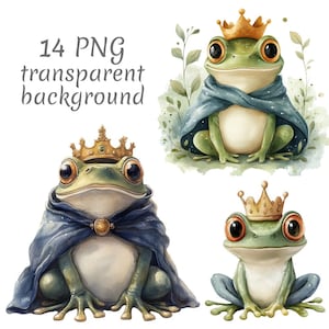 Pode incluir: Ilustrações em aquarela de sapos usando coroas de ouro e capas azuis. Os sapos têm olhos grandes e estão em um fundo branco. O texto na imagem diz "14 PNG transparent background."