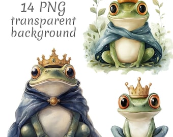 14 Clipart acquerello del principe ranocchio in formato PNG. Download digitale, diari spazzatura, sfondo trasparente, artigianato digitale con carta