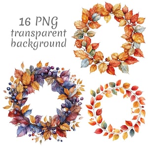 Peut inclure: Illustrations à l'aquarelle de couronnes d'automne avec des feuilles et des baies colorées. L'image comprend quatre motifs circulaires avec un fond transparent. Le texte indique "16 PNG transparent background."