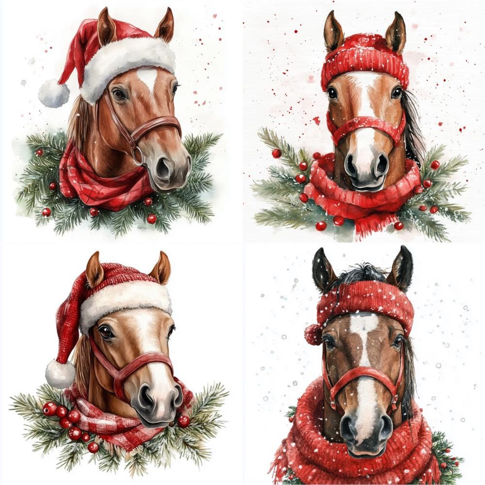 19 Christmas Horse Watercolor Clipart JPG, Digital Download, Junk ...