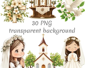 30 Girl First Communion Clipart PNG, Digital Download, Junk Journals, Transparent Background, High Quality, Paper Craft, Card Making