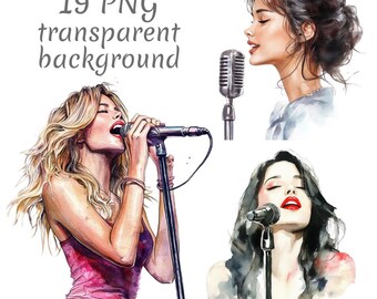 May include: Watercolor illustrations of female singers with microphones. The image includes three portraits of women singing, each with a different hairstyle and attire. The text "19 PNG transparent background" is at the top.