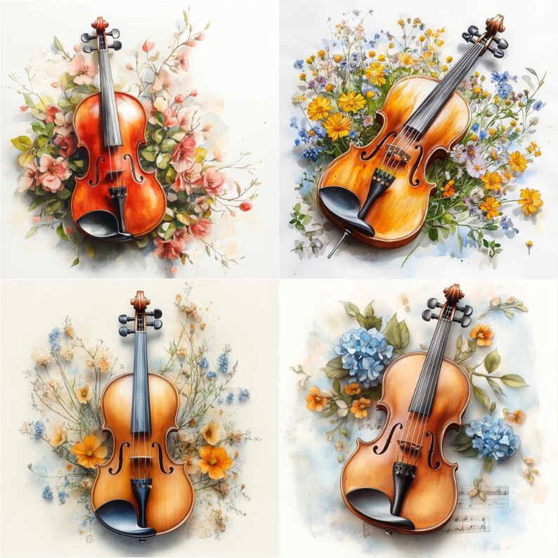 23 Violin and Flowers Watercolor Clipart JPG, Digital Download, Junk ...