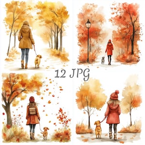 12 Girl walking dog watercolor clipart JPG, Digital Download, Junk Journals, Paper Craft, Watercolor, Card Making, Scrapbooking