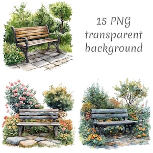15 Watercolor Garden Bench Clipart PNG. Digital Download junk journals, transparent background, high quality scrapbooking Card Making