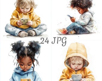 24 Kind mit Telefon Aquarell Clipart JPG, Digital Download, Junk Journals, Papierhandwerk, Kartenherstellung, Scrapbooking