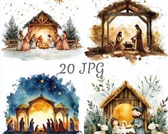 20 Nativity scene watercolor clipart JPG, Digital Download, Junk Journals, Paper Craft, Card Making, Clip Art, Scrapbooking