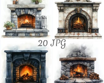 20 Fireplace watercolor clipart JPG, Digital Download, Junk Journals, Paper Craft, Card Making, Clip Art, Scrapbooking