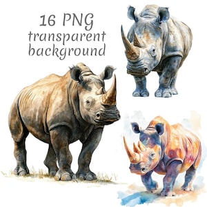 16 Realistic rhinoceros watercolor clipart PNG. Digital Download, junk journals transparent background high quality scrapbooking card making
