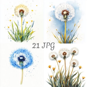 21 Dandelion watercolor clipart JPG, Digital Download, Junk Journals, Paper Craft, Watercolor, Card Making, Clip Art, Scrapbooking