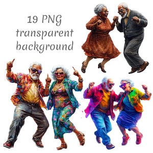 Könnte beinhalten: Digitale Illustration von vier Paaren älterer Menschen beim Tanzen. Das Bild enthält den Text "19 PNG transparent background". Die Tänzer tragen farbenfrohe Kleidung und Sonnenbrillen, mit transparentem Hintergrund.