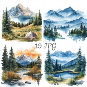 May include: Four watercolor paintings of mountain landscapes with blue and green hues. The paintings depict a variety of scenes, including a mountain range with a lake, a mountain range with a river, and a mountain range with a forest. The paintings are all framed in white.