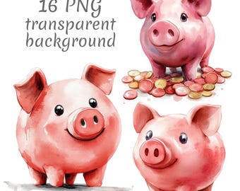 16 Piggy bank Watercolor Clipart PNG, Digital Download, Junk Journals, Transparent Background, High Quality, Paper Craft, Card Making
