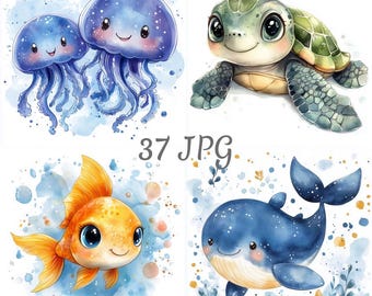 37 Kawaii sea animals watercolor clipart JPG, Digital Download, Junk Journals, Paper Craft, Watercolor, Card Making, Clip Art, Scrapbooking