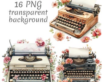 16 Vintage typewriter with flowers watercolor clipart PNG. Digital Download, junk journals, transparent background, scrapbooking card making