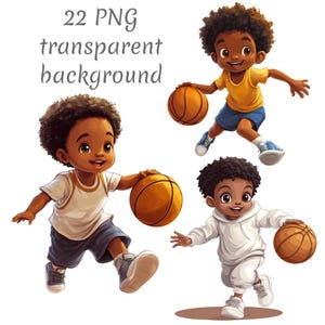 22 バスケットボールをする黒人アフロ少年 クリップアート PNG デジタルダウンロード、ジャンクジャーナル、透明な背景、ペーパークラフト、カード作成