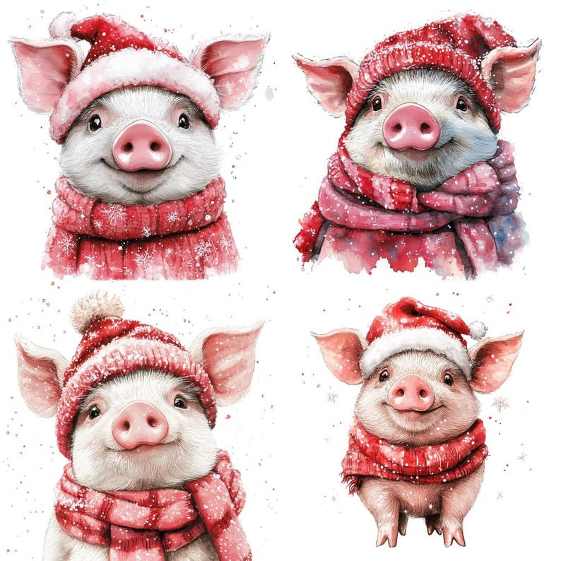 16 Cute Christmas Pig Watercolor Clipart PNG. Digital Download Junk ...