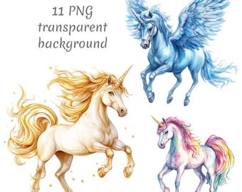 11 Fantasy Unicorn Clipart PNG, Watercolor Unicorn clipart, Digital Download, junk journals, transparent background, Digital Paper Craft,