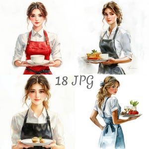 18 Woman waitress watercolor clipart JPG, Digital Download, Junk Journals, Paper Craft, Watercolor, Card Making, Scrapbooking