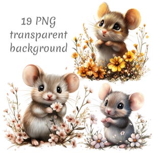 19 Petite souris mignonne en fleurs Clipart PNG. Carnets indésirables à téléchargement numérique, fond transparent, scrapbooking de haute qualité, fabrication de cartes