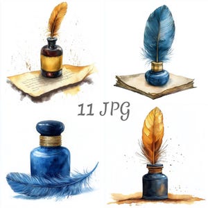 May include: Watercolor illustrations of inkwells with feathers. The inkwells are in shades of blue and brown, with gold accents. One image shows a feather and inkwell on a piece of aged paper. The text "11 JPG" is also visible.