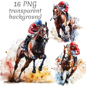 Puede incluir: Ilustración en acuarela de tres caballos de carreras con jinetes. Los jinetes visten coloridas sedas de carreras y cascos. Incluye el texto "16 PNG transparent background".